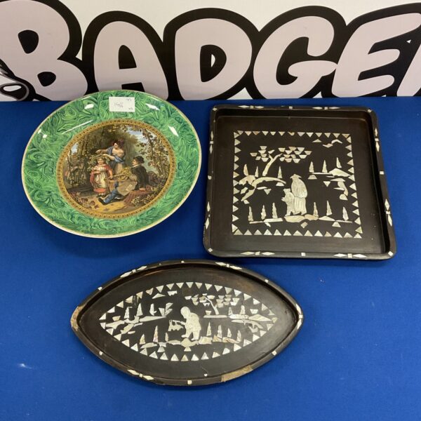 Two mother of pearl inlaid oriental trays & w p witherington ra cake plate