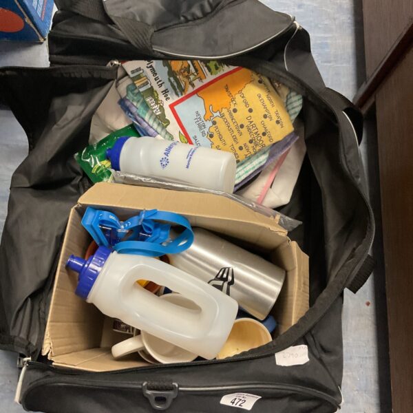 Nike kit bag mixed inc sport drink bottles T towels oven gloves and assorted mugs