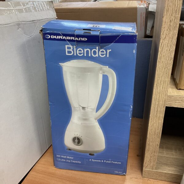 White Durabrand blender, vintage kitchen appliance for food preparation.