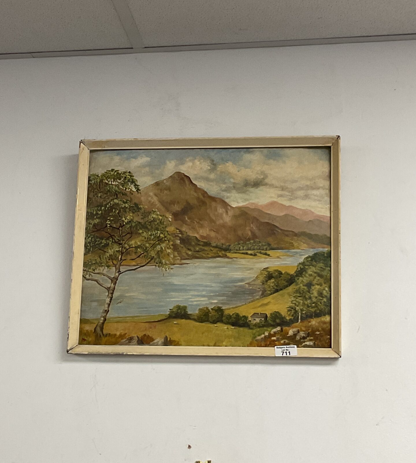 Mid century watercolour of a Scottish loch with cottage