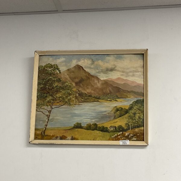 Mid century watercolour of a Scottish loch with cottage