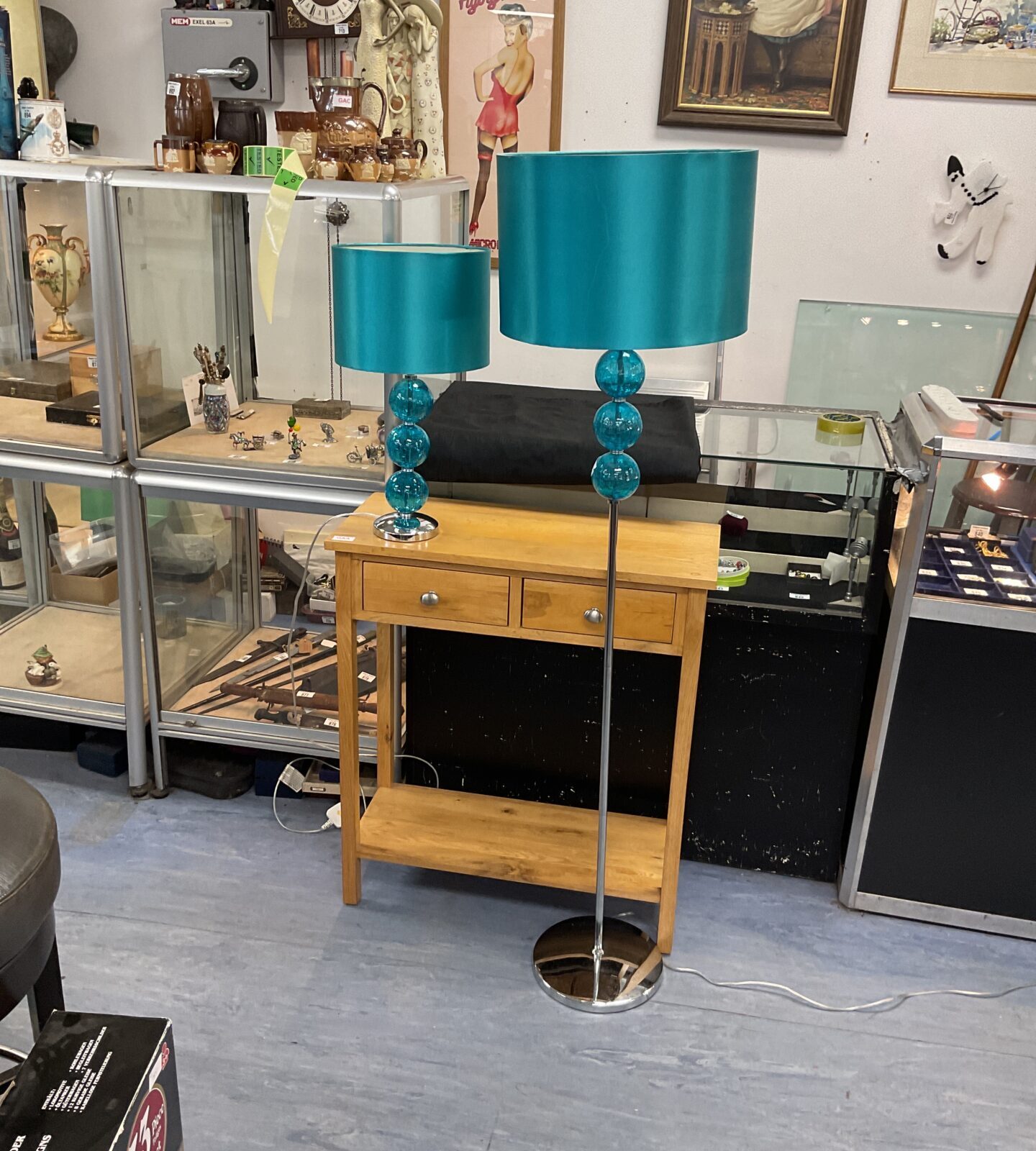 Teal Blue Crackle glass ball standard lamp and matching table lamp