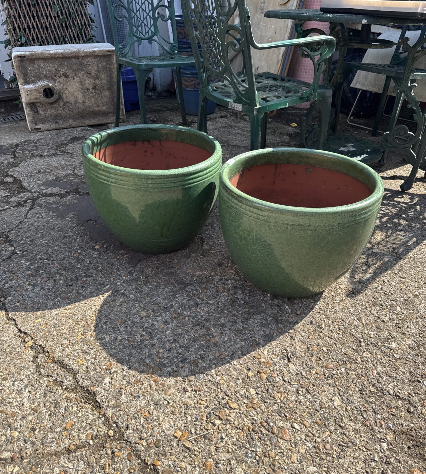 Two large glazed terracotta planters 18” diameter