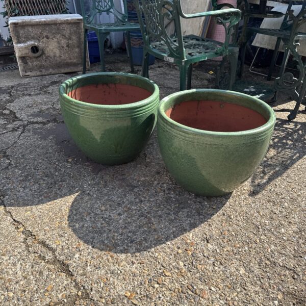 Two large glazed terracotta planters 18” diameter