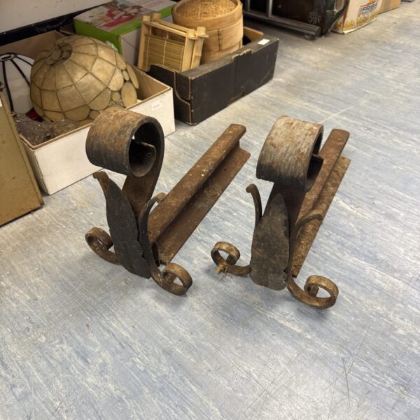 Antique Victorian railway fire dogs, cast iron andirons for fireplace.