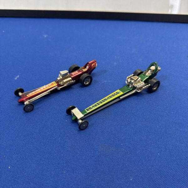 Vintage Corgi Whizzwheels drag cars, The Quartermaster and The Commuter.