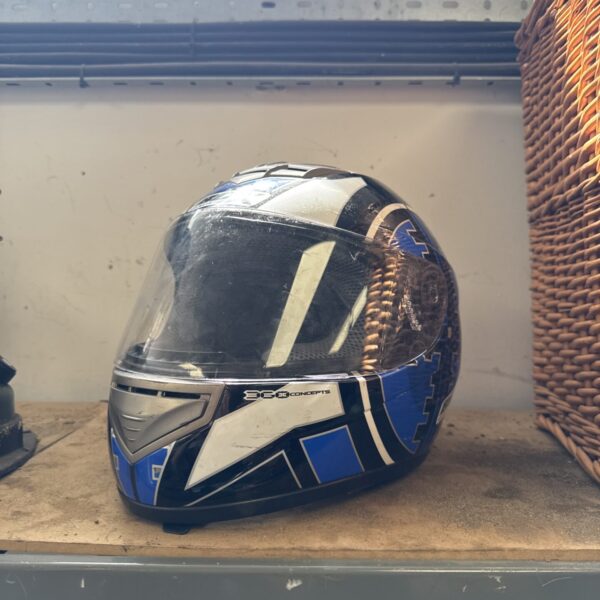 Black and blue 360 Concepts size L motorcycle helmet.