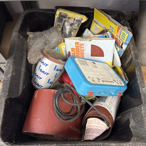 Box of shed clearance items inc assorted sanding pads & wire wool