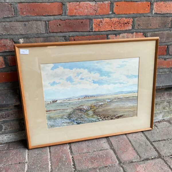 Framed Mid 20th century watercolour landscape of exmoor ponies