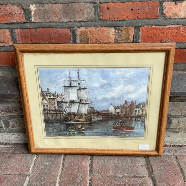 Ken cooper framed print of a harbour scene with large sail boat