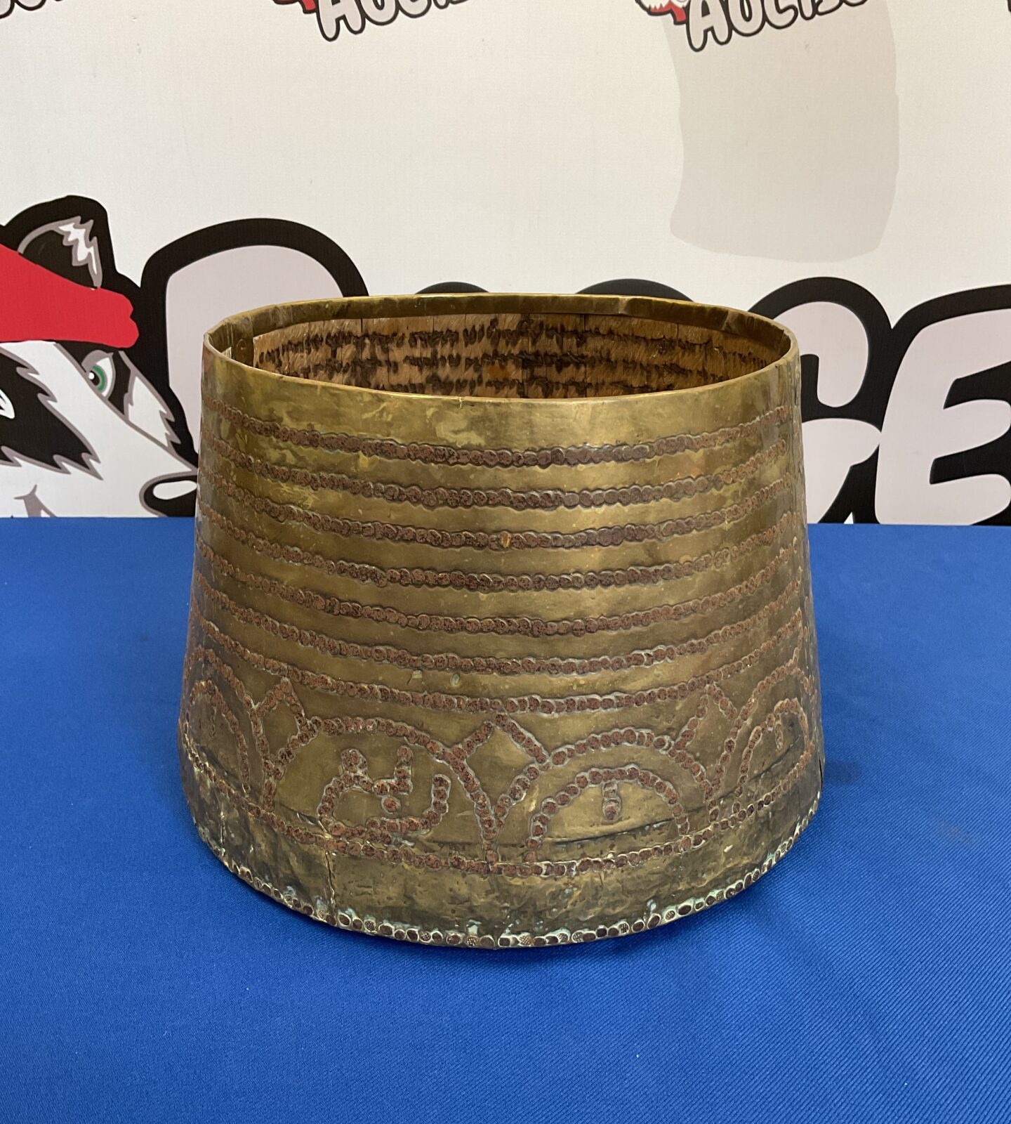 Antique islamic brass pot with wooden base