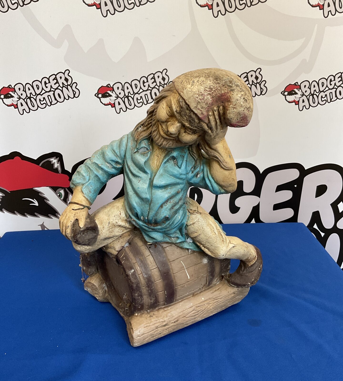 Concrete pirate on a Barrel garden ornament