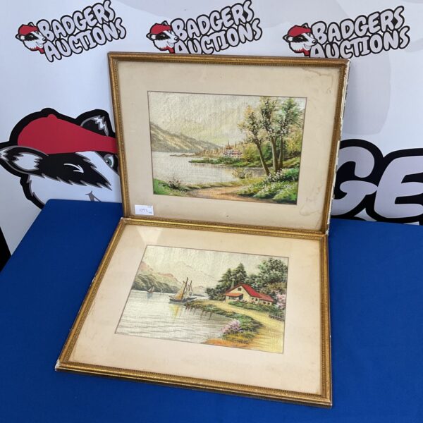 Antique silk embroidery panel depicting a serene oriental coastal scene.