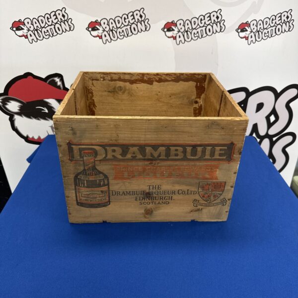 Vintage Drambuie wooden crate with bold branding.