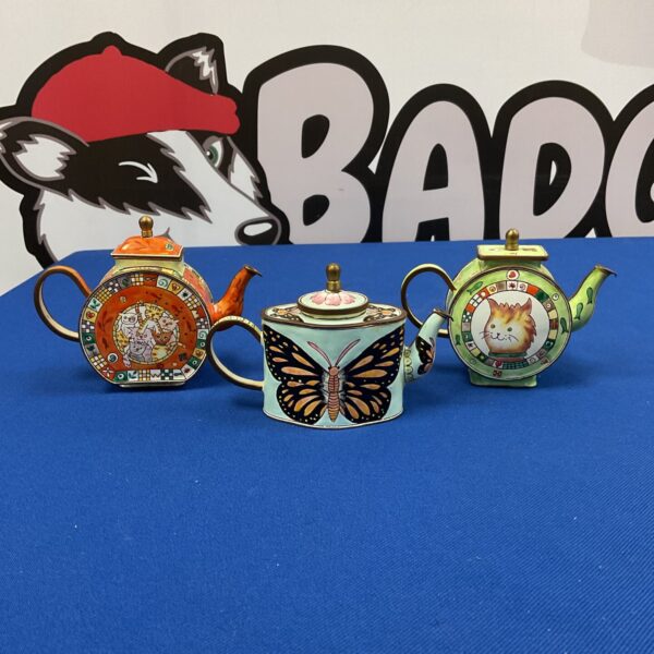 Three c maddicott trade aid miniature enamelled teapots
