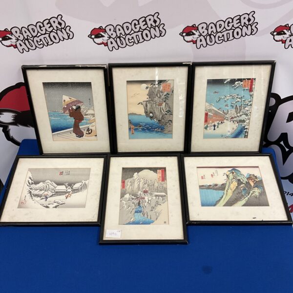 Set of six vintage Utagawa Hiroshige woodblock prints depicting Japanese landscapes.