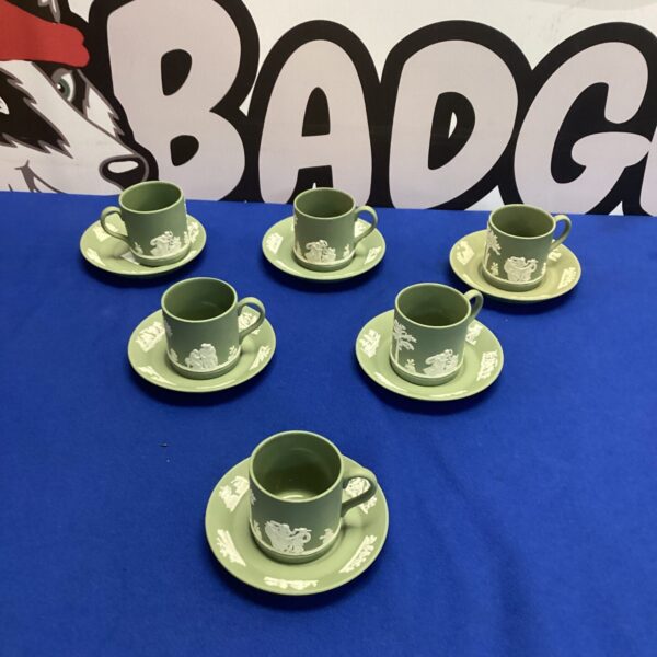 Set of six sage green Wedgwood Jasperware coffee cups.
