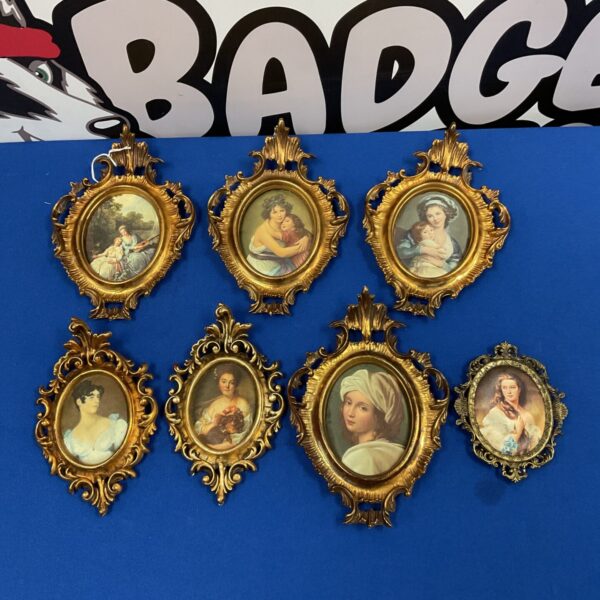 Antique set of seven miniature silk portrait prints.