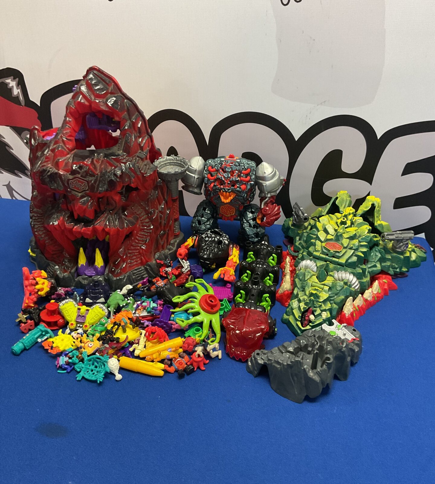 Box of retro MightyMax Playsets, Figures And Accessories Inc Skull Island