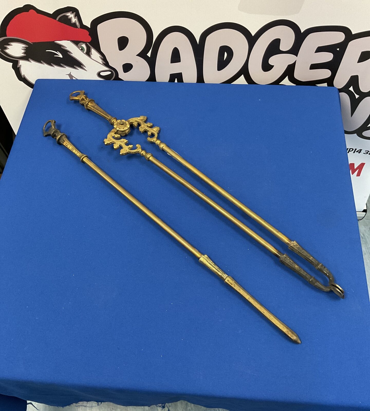 Two Victorian brass fireplace tools, poker & pincers