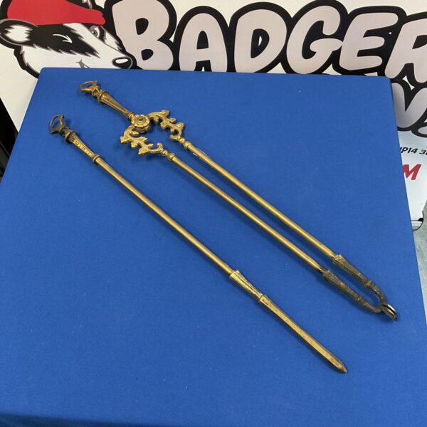 Two Victorian brass fireplace tools, poker & pincers