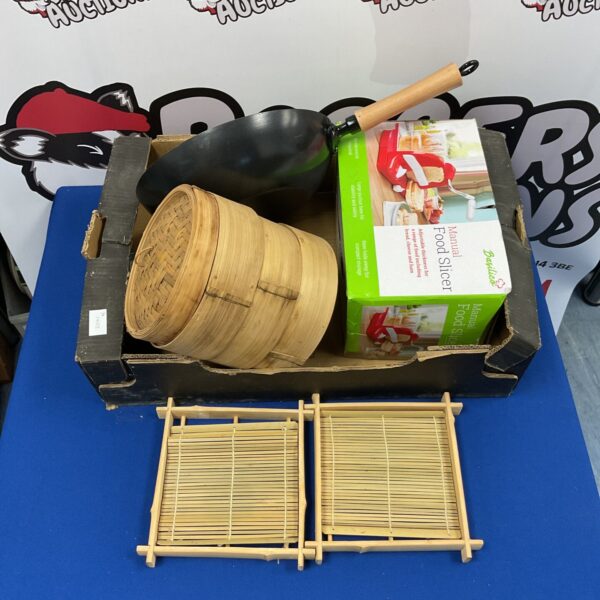 Vintage food slicer with wooden frame and stainless steel blade.