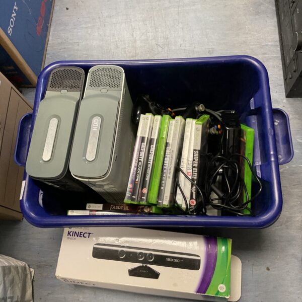 Box of microsoft xbox 360 consoles & games