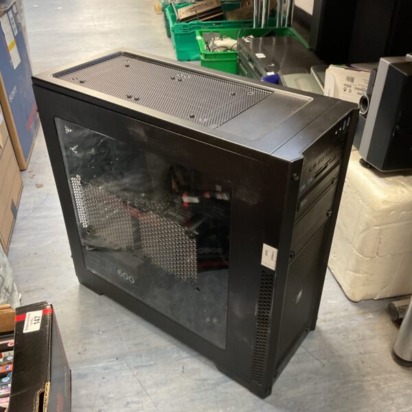 Black Corsair gaming PC tower with front panel details.