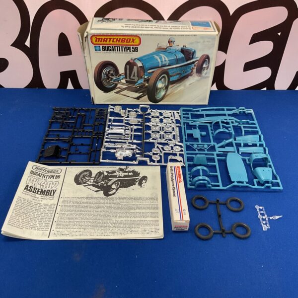Vintage Matchbox Bugatti Type 59 model kit in original box.