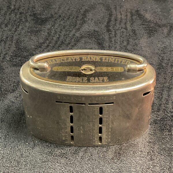 Vintage Barclays Bank home safe, collectible tin money box.