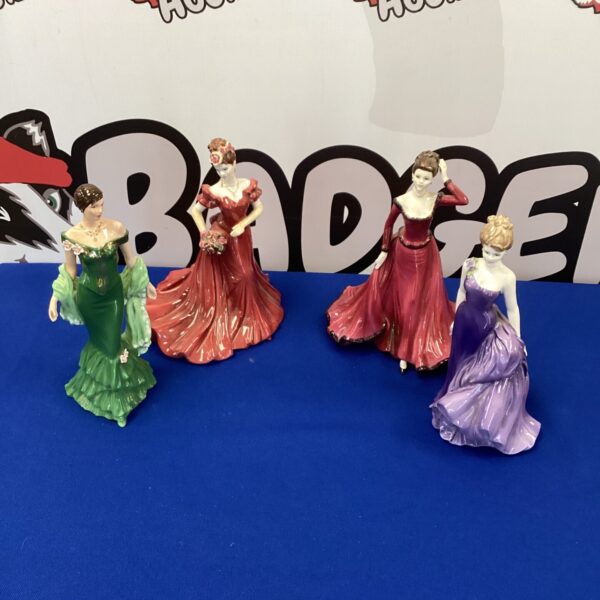 Group of four Royal Doulton lady figurines, collectible porcelain.