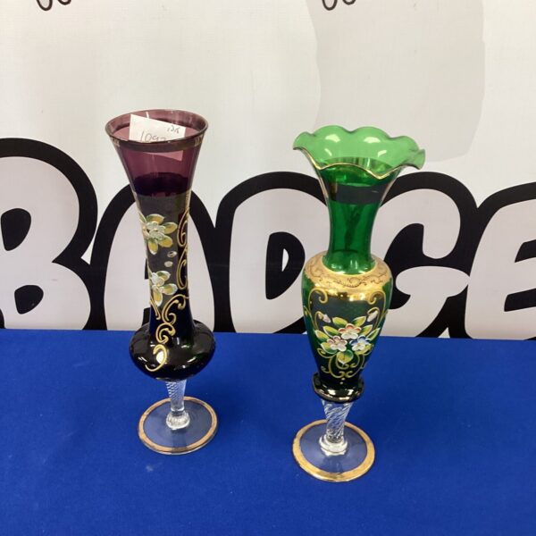 Vintage Bohemian glass vase with hand-painted floral designs.