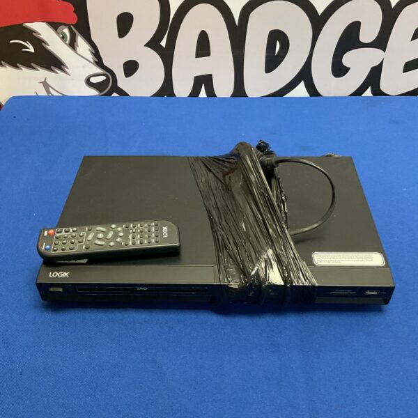 Black Logik DVD player with remote control for home entertainment.