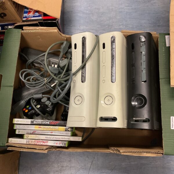 Tray of mucrosoft xbox 360 consoles  & games