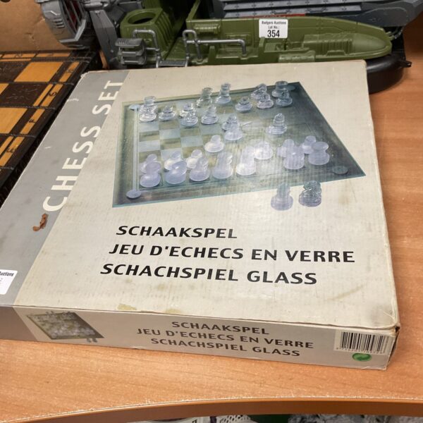 Vintage glass chess set in original box, collectible board game.