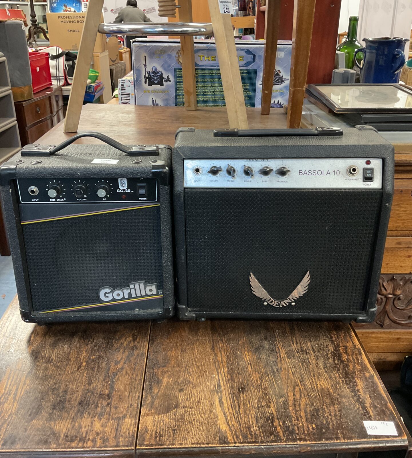 Two practice guitar amps including gorilla & dean bassola 10