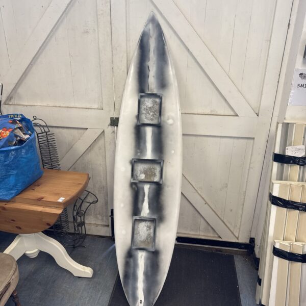 Grey and white repurposed surfboard photo frame for coastal decor.