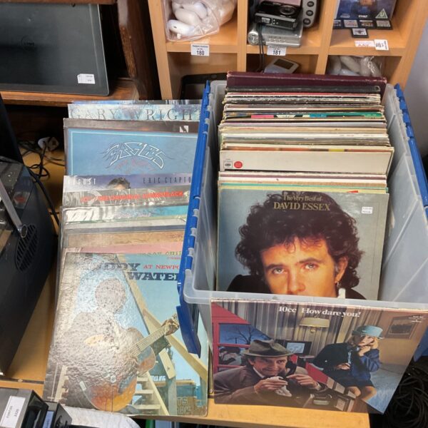 Vinyl record collection featuring The Eagles and other artists.