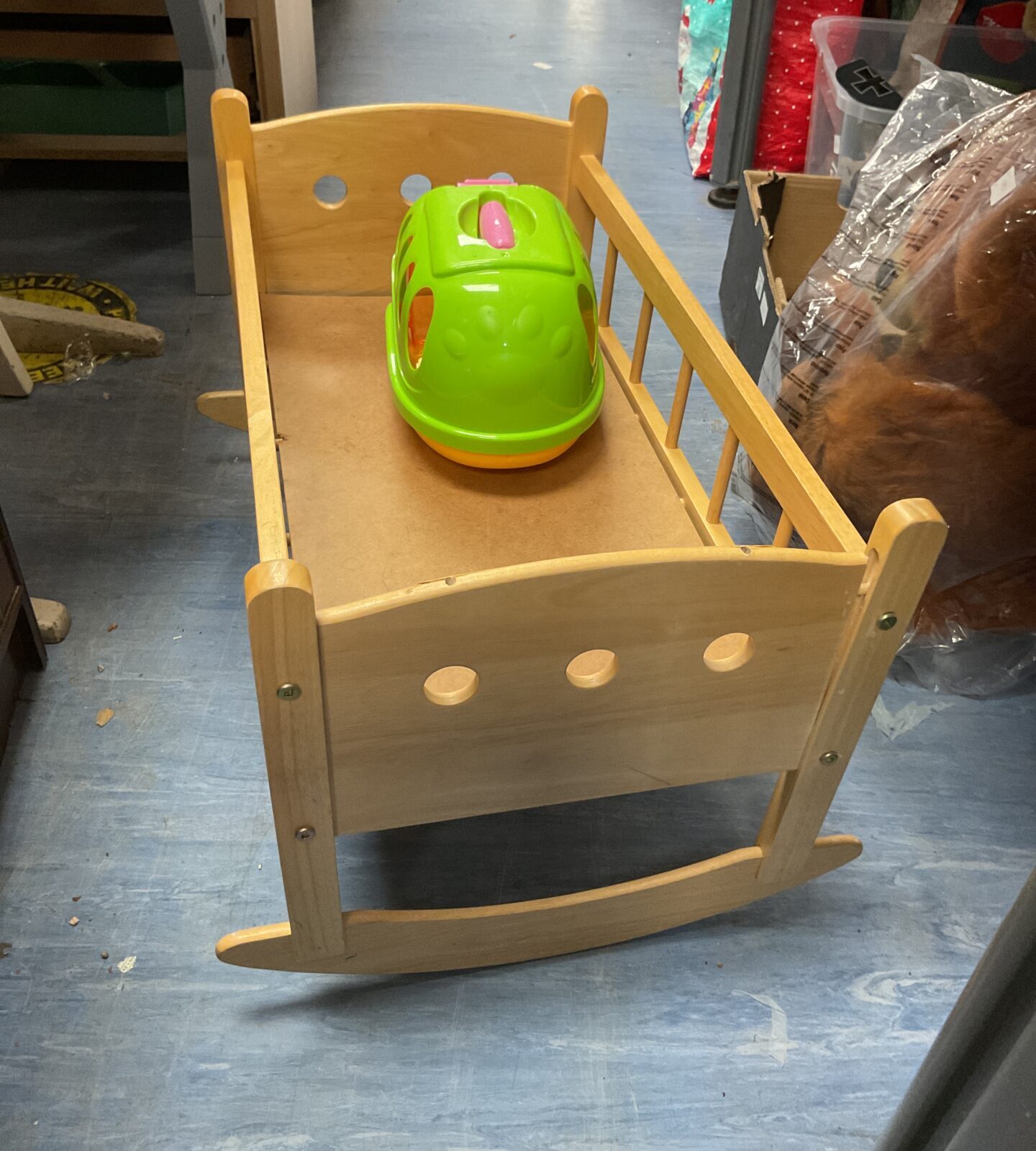 Small Wooden dolls cot with toy pet carrier