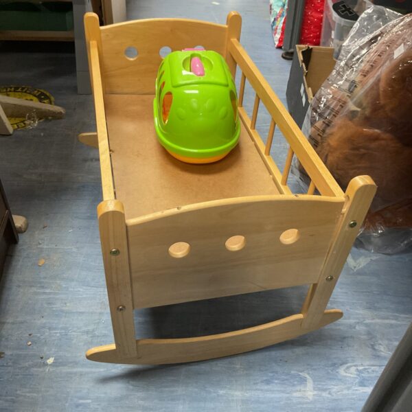 Small Wooden dolls cot with toy pet carrier