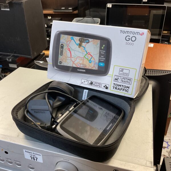 Tomtom Go 5000 sat nav with case displayed.