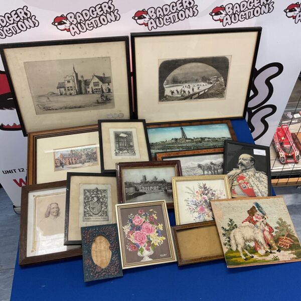 Lot of framed prints including signed miniature portraits