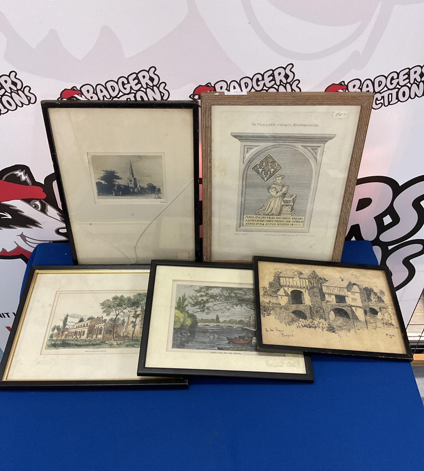 Five bedford church related engravings & artworks inc f g n signed pen drawing of bedford prison
