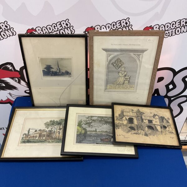 Five bedford church related engravings & artworks inc f g n signed pen drawing of bedford prison
