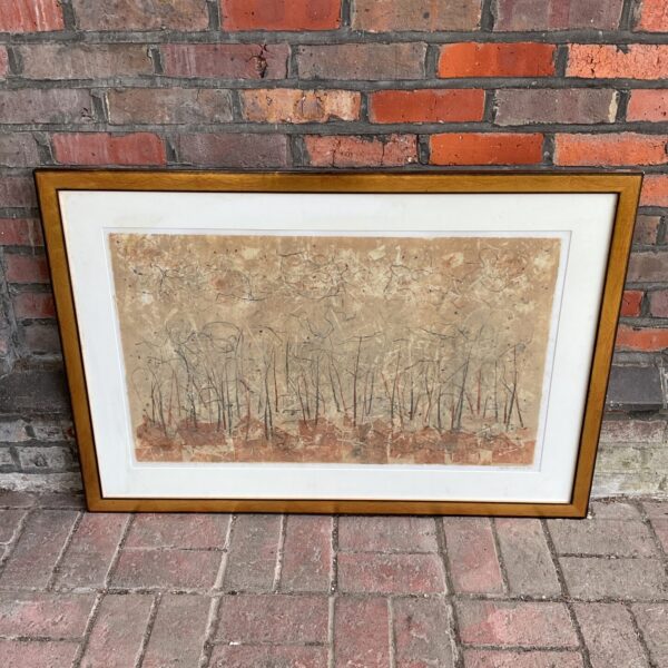 Signed Heather Metcalf etching of a landscape with trees.
