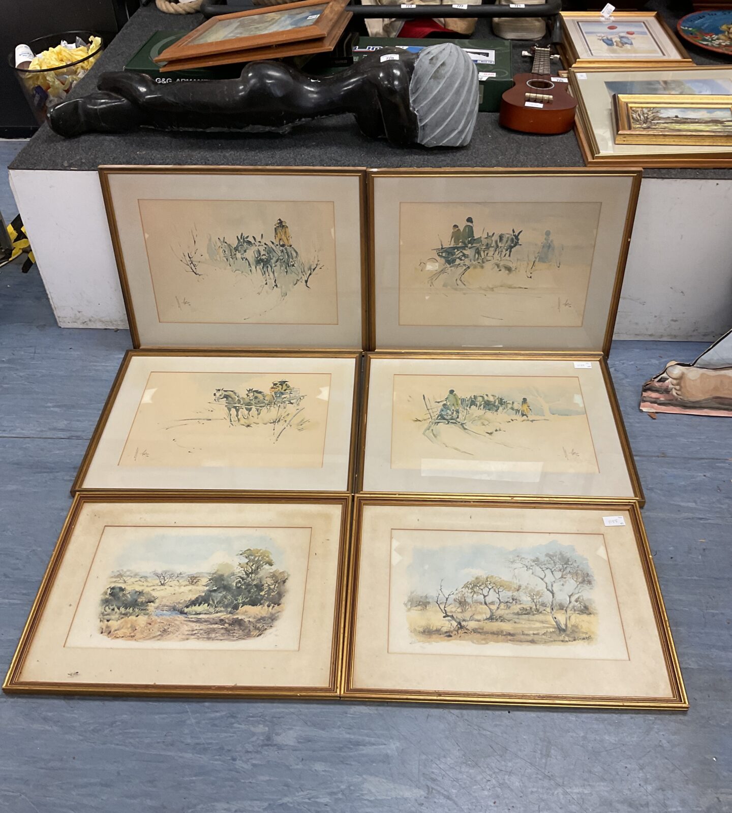 Six gilt framed South African prints including Michael croeser