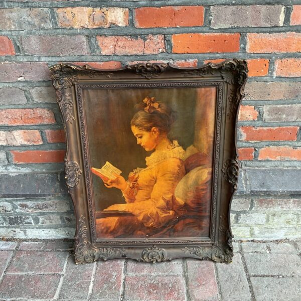 Antique Jean Honore Fragonard print of a young girl reading.