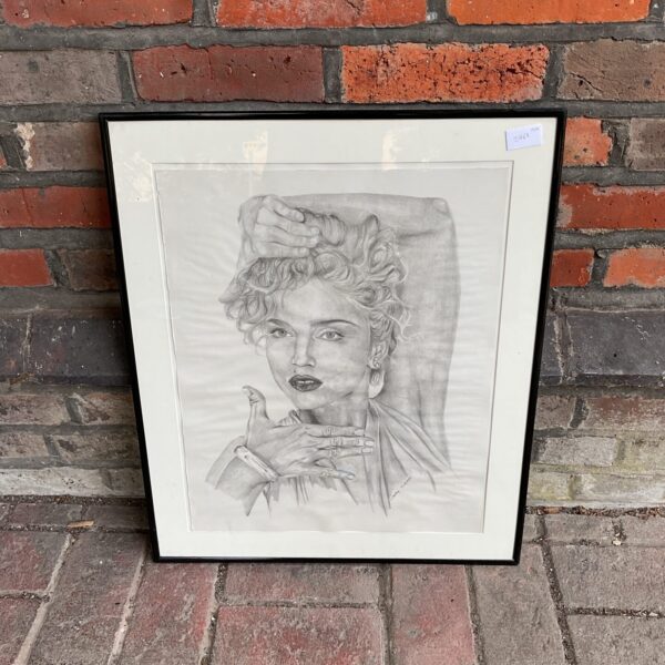 Framed pencil sketch print of Madonna by M Hanley, vintage celebrity portrait.