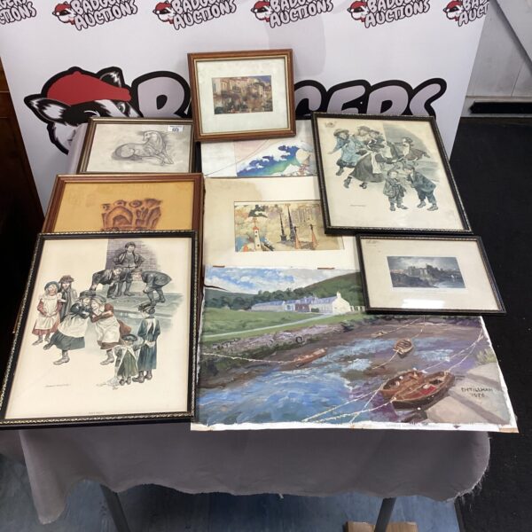 Bundle of vintage framed prints and artwork for wall decor.