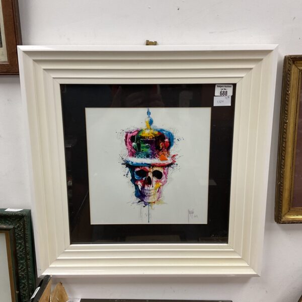 Vibrant acrylic skull painting by Patricia Marciano with a colourful crown.